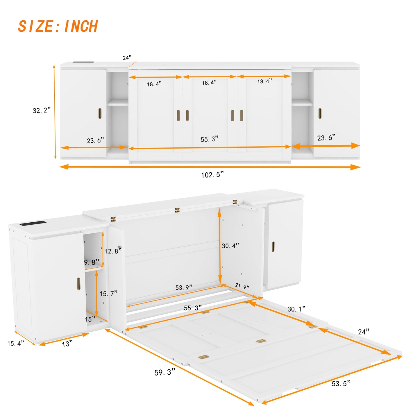 Full Murphy Bed with Shelves, Cabinets & USB Ports - White