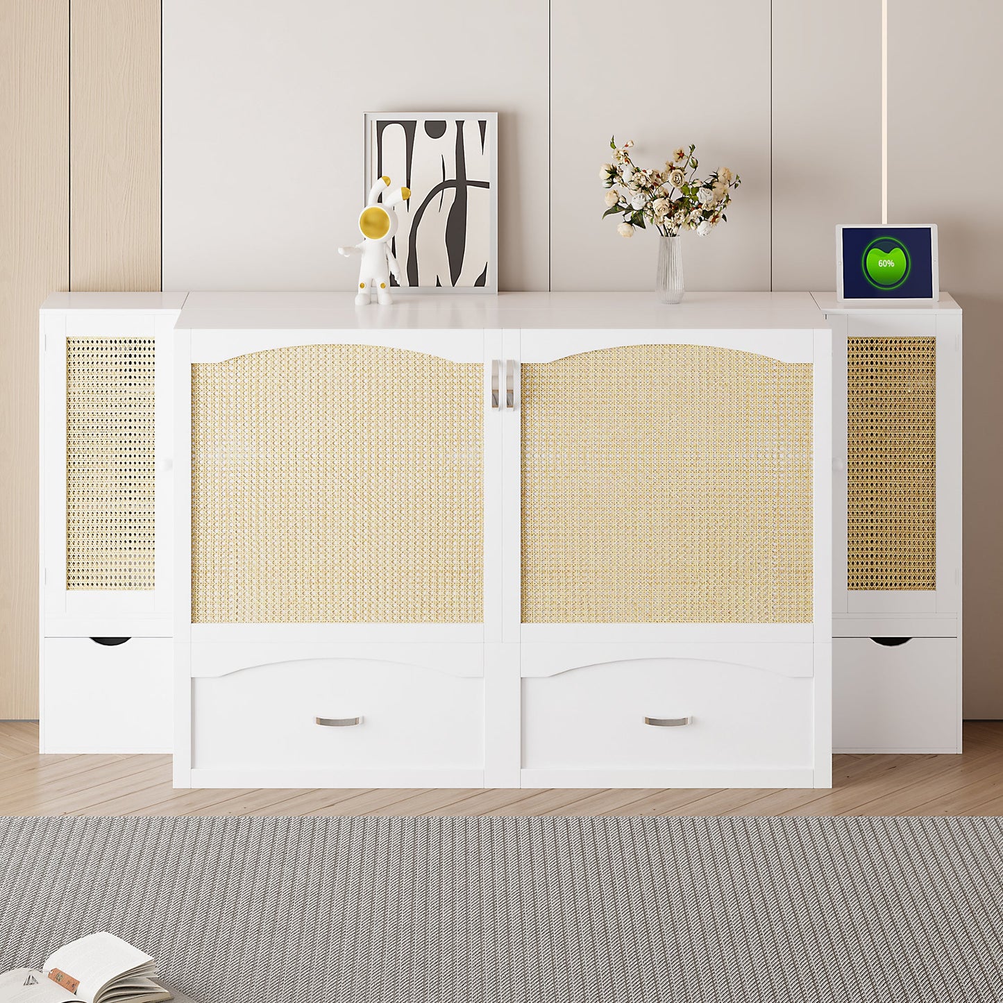 Queen Murphy Wall Bed with Storage Cabinets, Drawers & USB - White