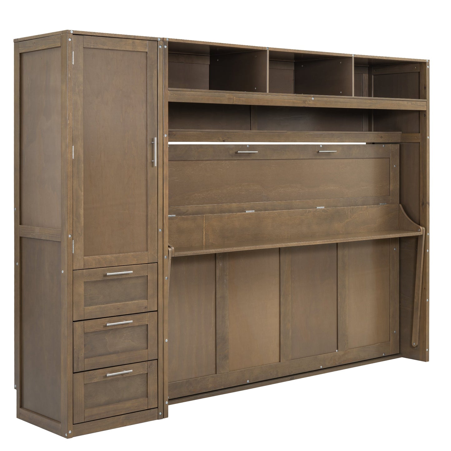 Full Murphy Bed with Wardrobe, Drawers & Open Shelves - Antique Grey