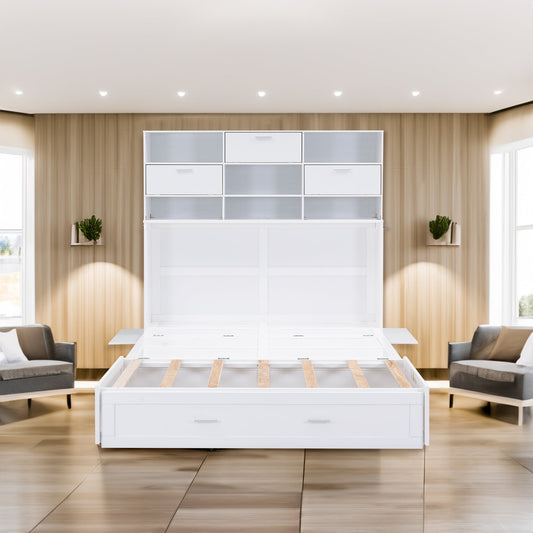 Queen Murphy Bed with Bookcase, Bedside Shelves & Drawer - White