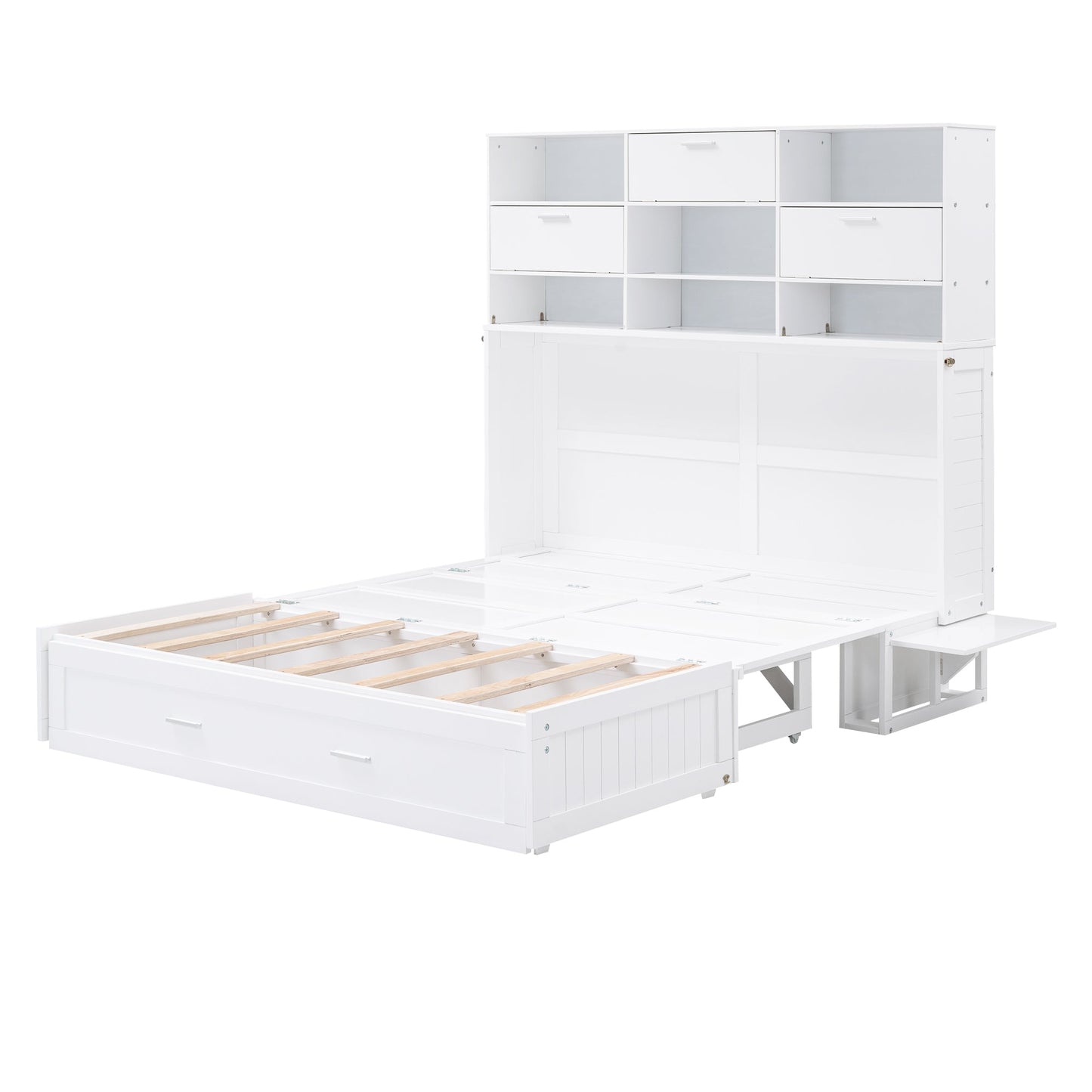 Queen Murphy Bed with Bookcase, Bedside Shelves & Drawer - White