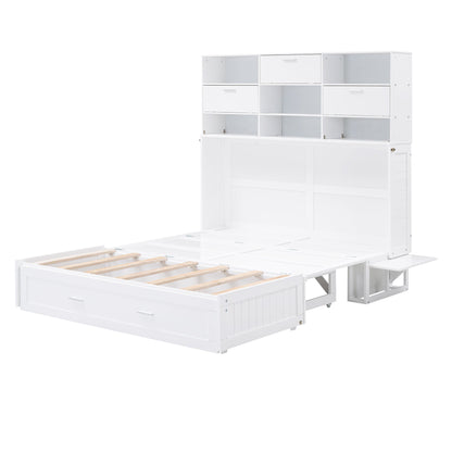 Queen Murphy Bed with Bookcase, Bedside Shelves & Drawer - White
