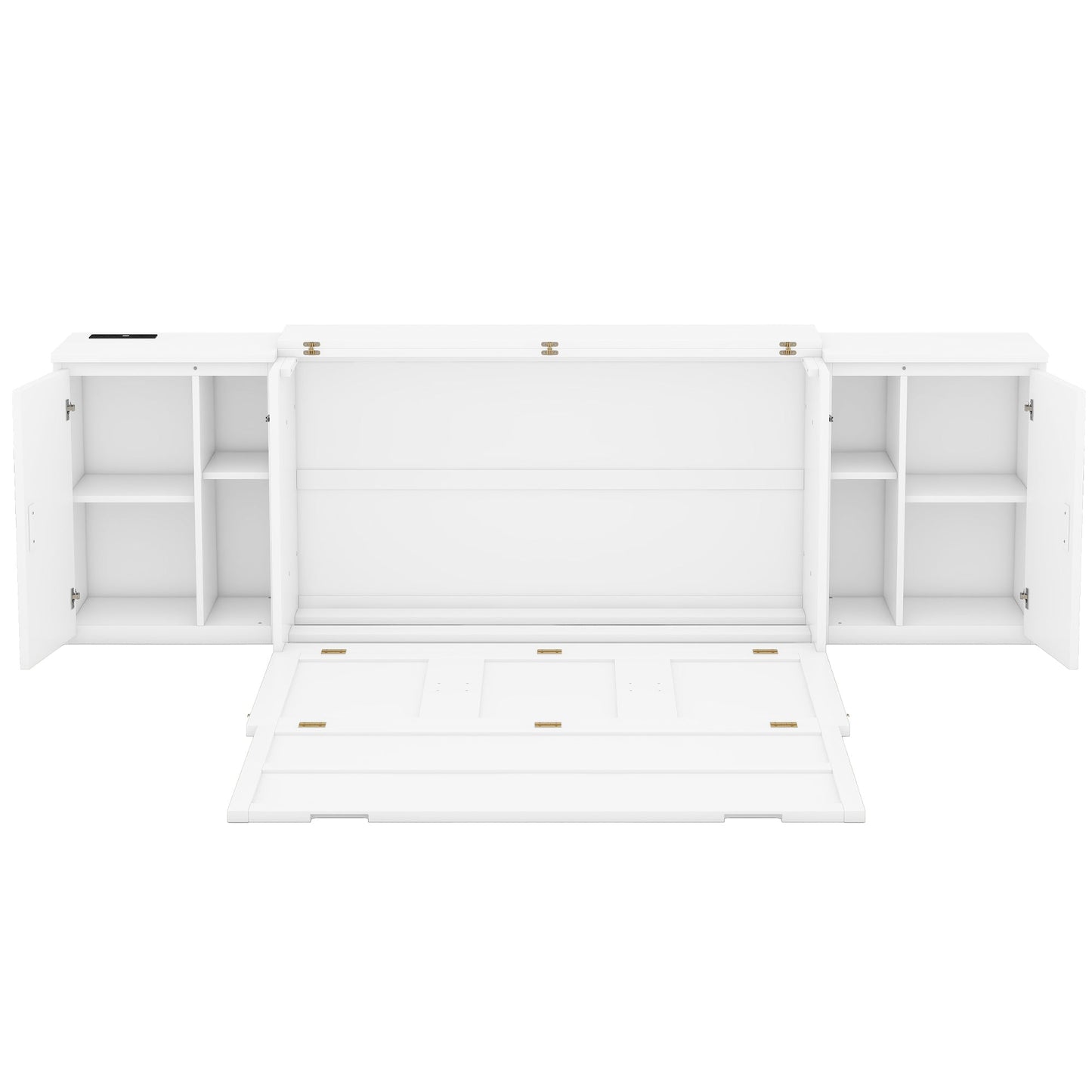 Queen Murphy Bed with Shelves, Cabinets & USB Ports - White