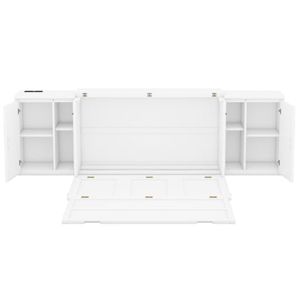 Queen Murphy Bed with Shelves, Cabinets & USB Ports - White