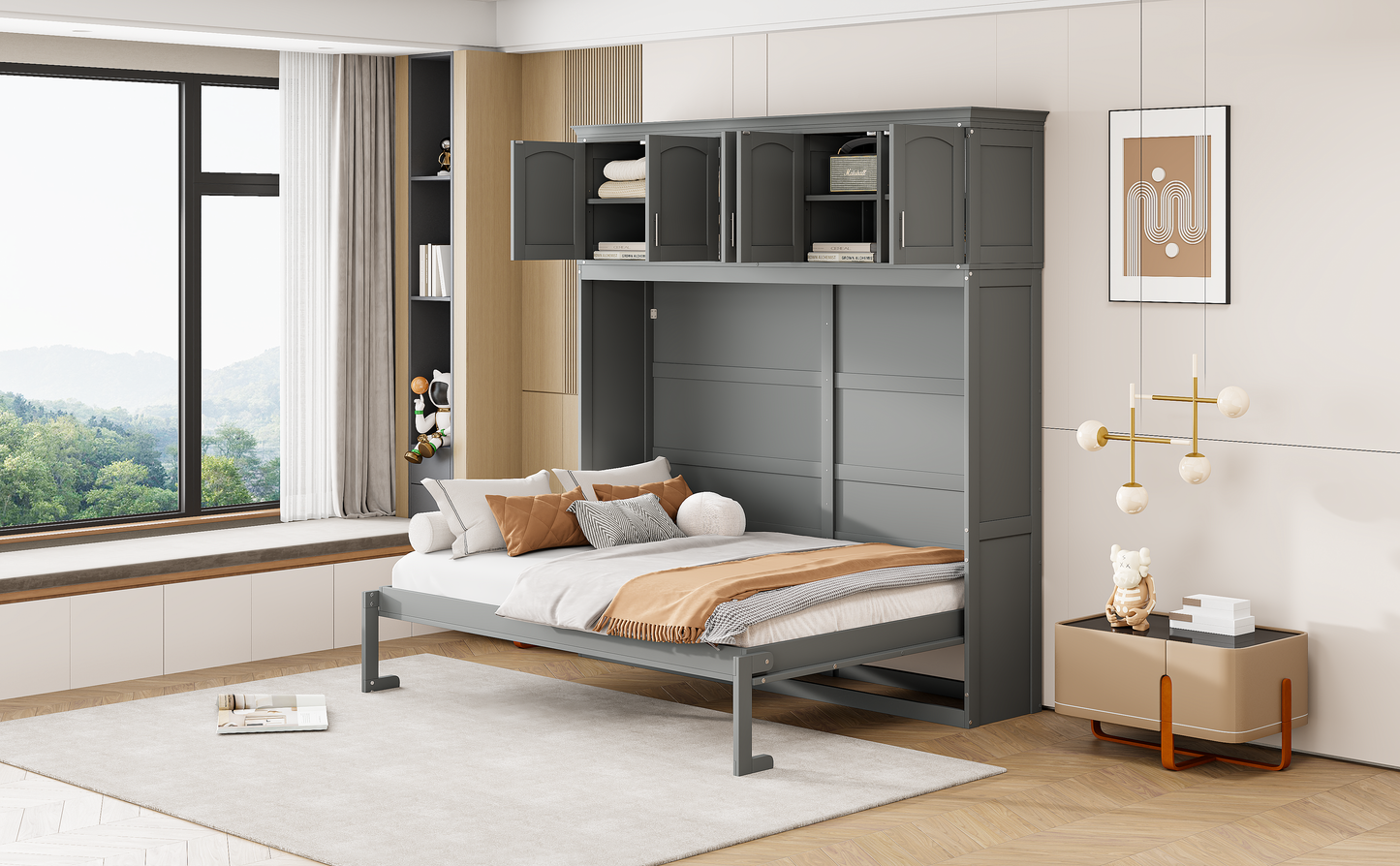 Full Murphy Wall Bed with Top Cabinets - Gray