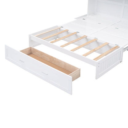 Queen Murphy Bed with Bookcase, Bedside Shelves & Drawer - White