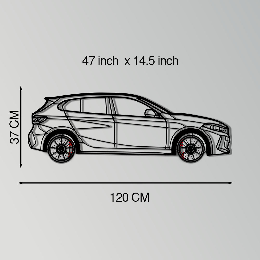 BMW 135i F40 Metal Car Wall Art with Rotating Wheels - M Performance Hatchback Silhouette - Interactive Automotive Decor - KAFMEKA102
