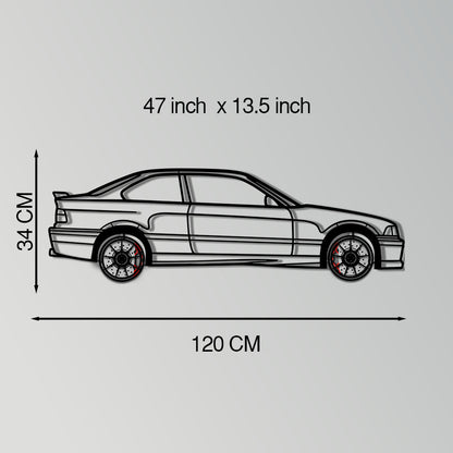 BMW E36 M3 Metal Car Wall Art with Rotating Wheels - 90s Performance Legend Silhouette - Interactive Automotive Wall Decor - KAFMEKA101
