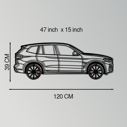 BMW X3 Metal Car Wall Art with Rotating Wheels - Modern SAV Silhouette Decor - Interactive Automotive Wall Art - KAFMEKA110