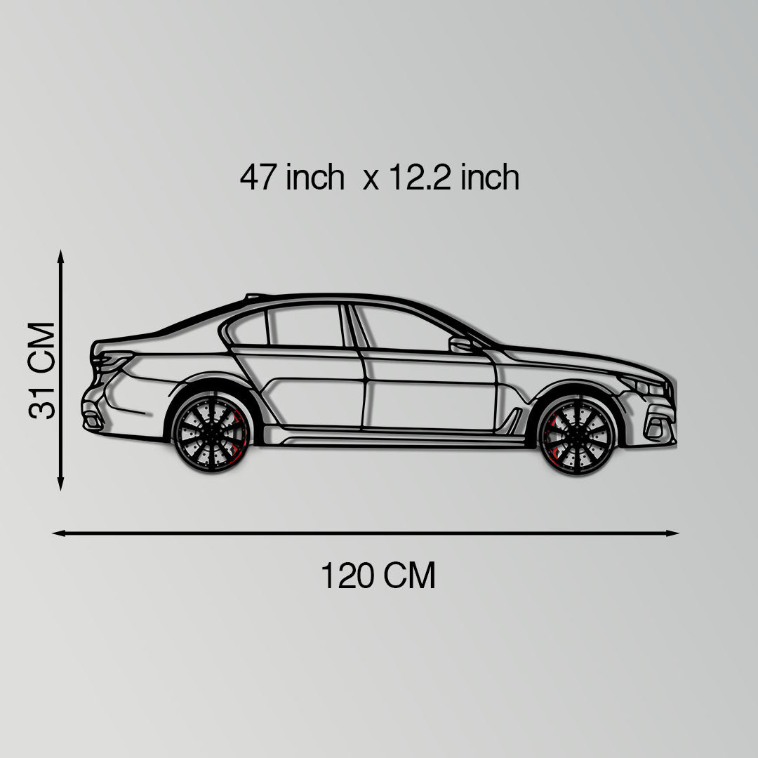 BMW 750i Metal Car Wall Art with Rotating Wheels - Luxury Executive Sedan Silhouette - Interactive Automotive Wall Decor - KAFMEKA104