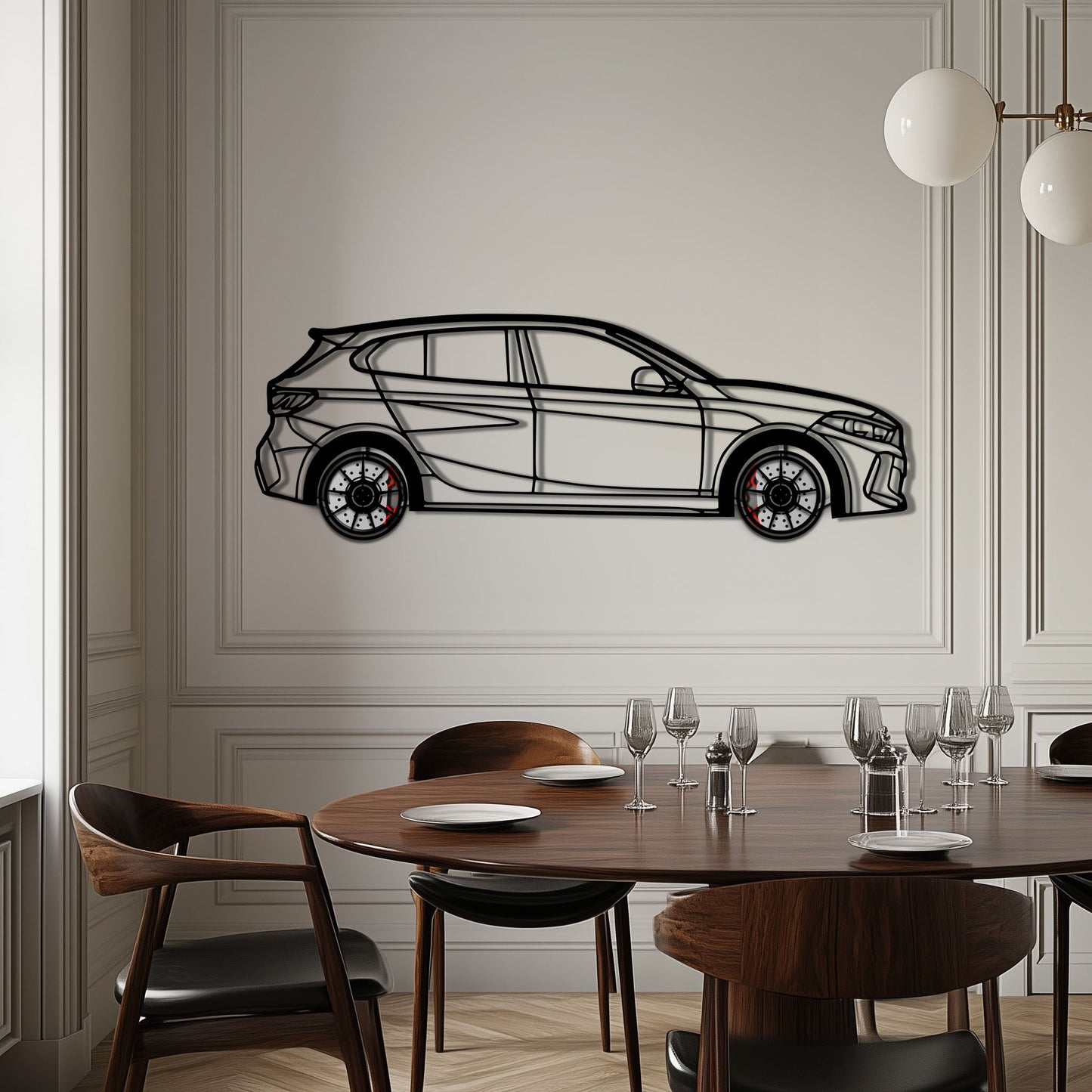 BMW 135i F40 Metal Car Wall Art with Rotating Wheels - M Performance Hatchback Silhouette - Interactive Automotive Decor - KAFMEKA102