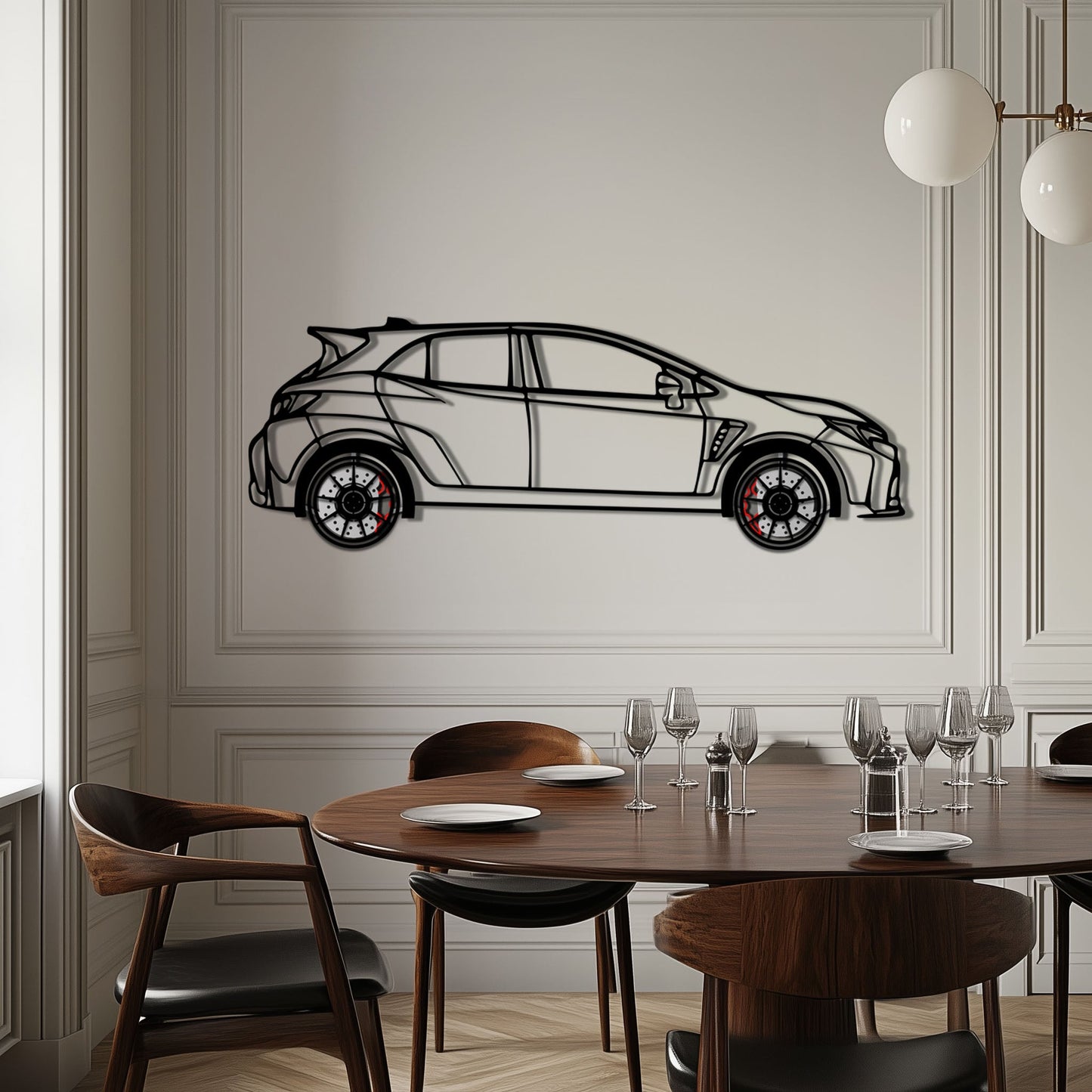 Toyota GR Corolla Metal Car Wall Art with Rotating Wheels - Rally-Inspired Hot Hatch Silhouette - Interactive JDM Automotive Decor - KAFMEKA158