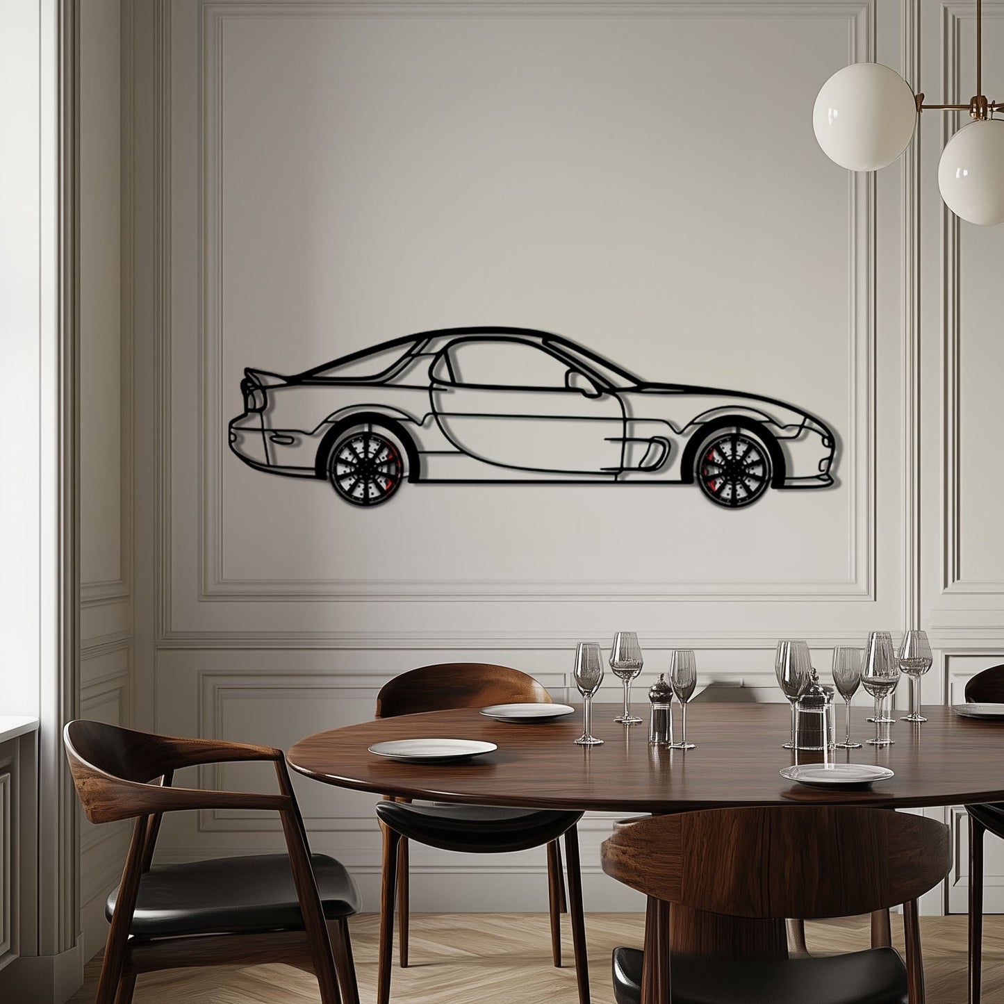 Mazda RX-7 Metal Car Wall Art with Rotating Wheels - FD3S Rotary Legend Silhouette - Interactive Automotive Wall Decor - KAFMEKA147