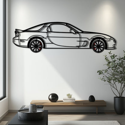 Mazda RX-7 Metal Car Wall Art with Rotating Wheels - FD3S Rotary Legend Silhouette - Interactive Automotive Wall Decor - KAFMEKA147