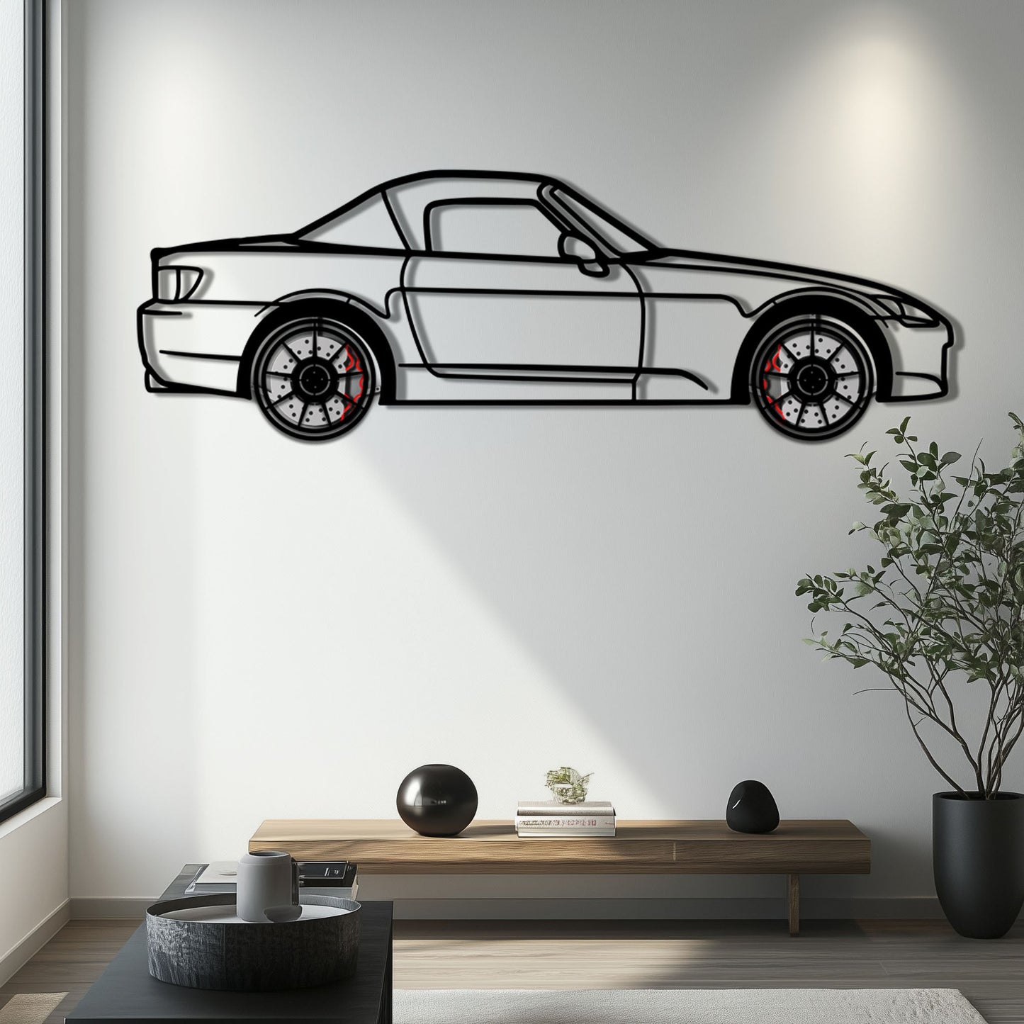 Honda S2000 Metal Car Wall Art with Rotating Wheels - JDM Roadster Silhouette - Interactive Automotive Wall Decor - KAFMEKA143