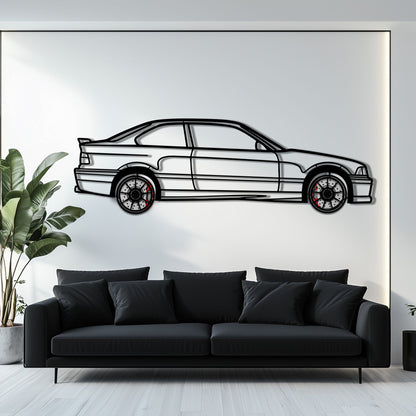 BMW E36 M3 Metal Car Wall Art with Rotating Wheels - 90s Performance Legend Silhouette - Interactive Automotive Wall Decor - KAFMEKA101