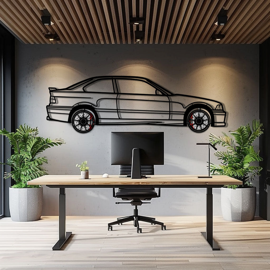 BMW E36 M3 Metal Car Wall Art with Rotating Wheels - 90s Performance Legend Silhouette - Interactive Automotive Wall Decor - KAFMEKA101