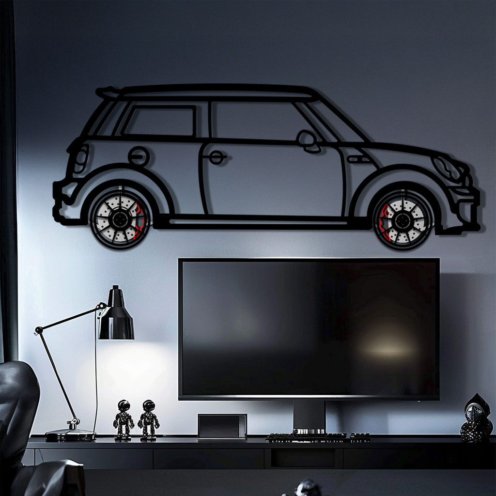 Mini Cooper Metal Car Wall Art with Rotating Wheels - Iconic British Compact Silhouette - Interactive Automotive Wall Decor - KAFMEKA151