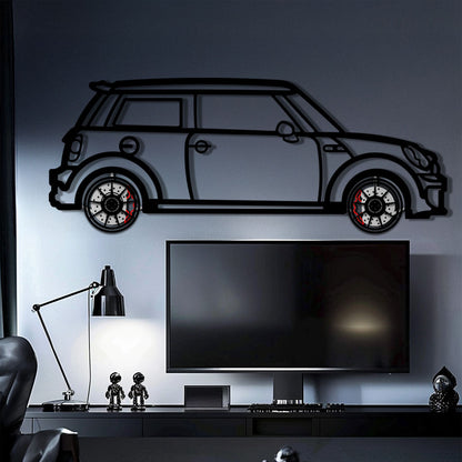 Mini Cooper Metal Car Wall Art with Rotating Wheels - Iconic British Compact Silhouette - Interactive Automotive Wall Decor - KAFMEKA151