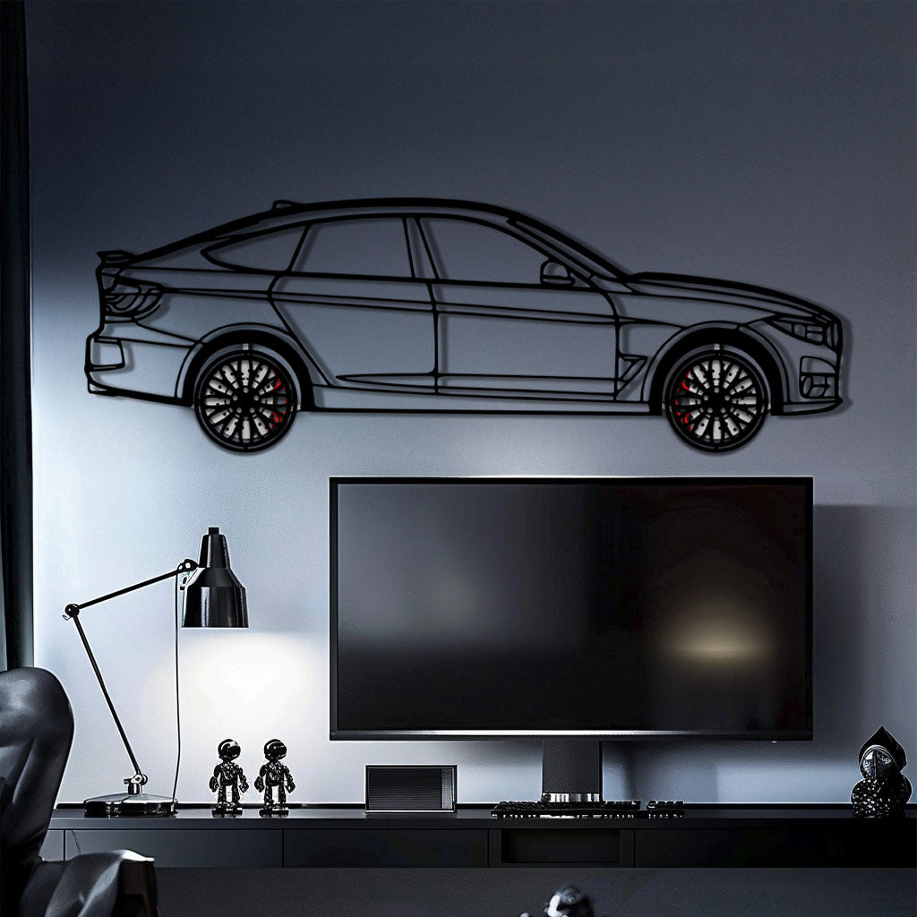 BMW 330 GT F34 Metal Car Wall Art with Rotating Wheels - Gran Turismo Silhouette Decor - Interactive Automotive Wall Art - KAFMEKA103