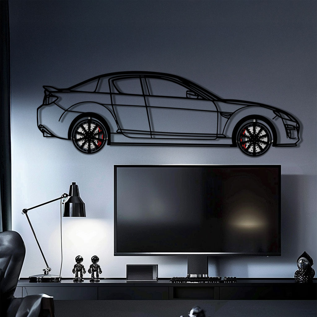 Mazda RX-8 Metal Car Wall Art with Rotating Wheels - Rotary Engine Silhouette - Interactive JDM Automotive Wall Decor - KAFMEKA148