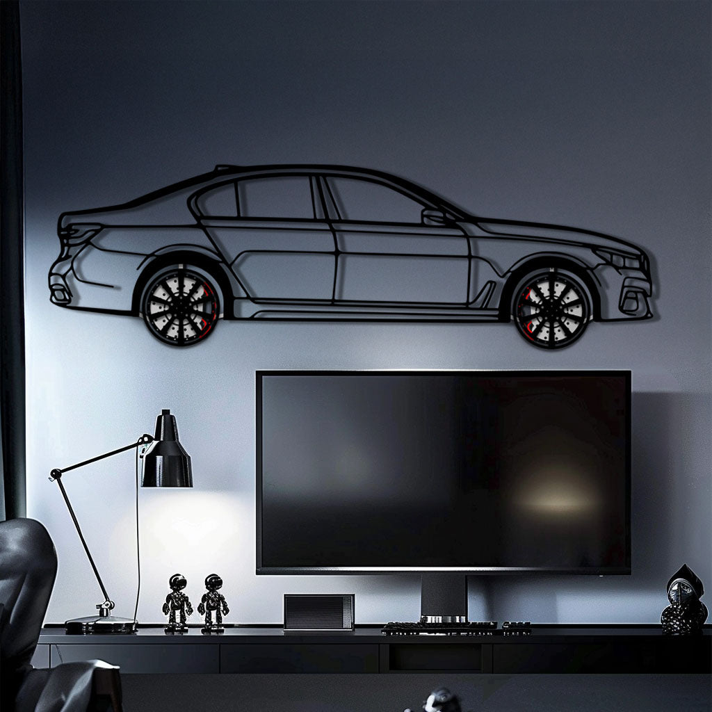 BMW 750i Metal Car Wall Art with Rotating Wheels - Luxury Executive Sedan Silhouette - Interactive Automotive Wall Decor - KAFMEKA104