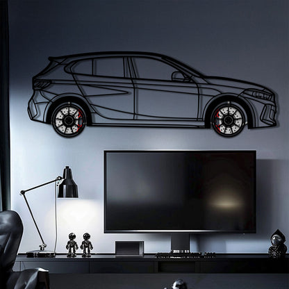 BMW 135i F40 Metal Car Wall Art with Rotating Wheels - M Performance Hatchback Silhouette - Interactive Automotive Decor - KAFMEKA102