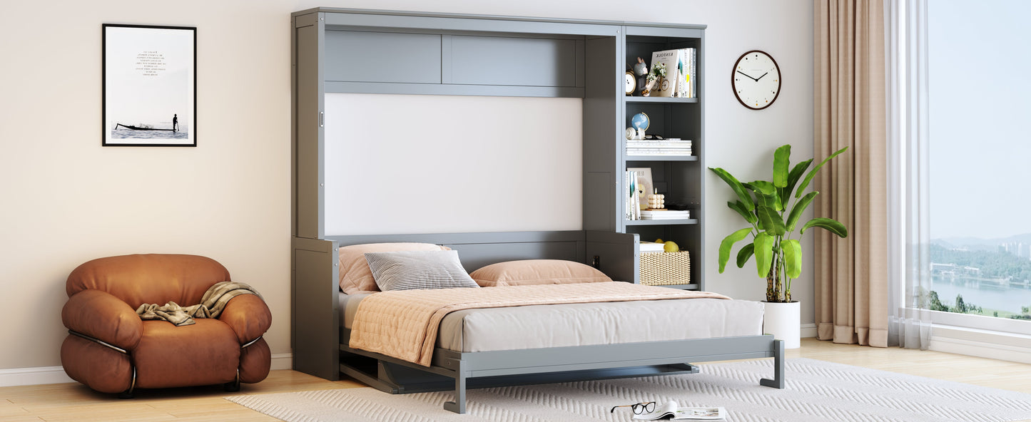Queen Murphy Bed with Desk & Bookshelf - Gray or White
