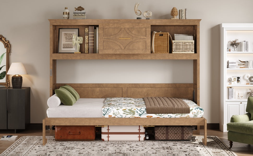 Twin Murphy Bed with Charging Station & Drawer - Natural Wood