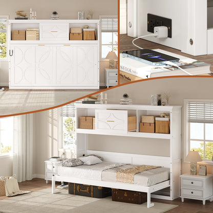 Twin Murphy Bed with Charging Station & Drawer - White