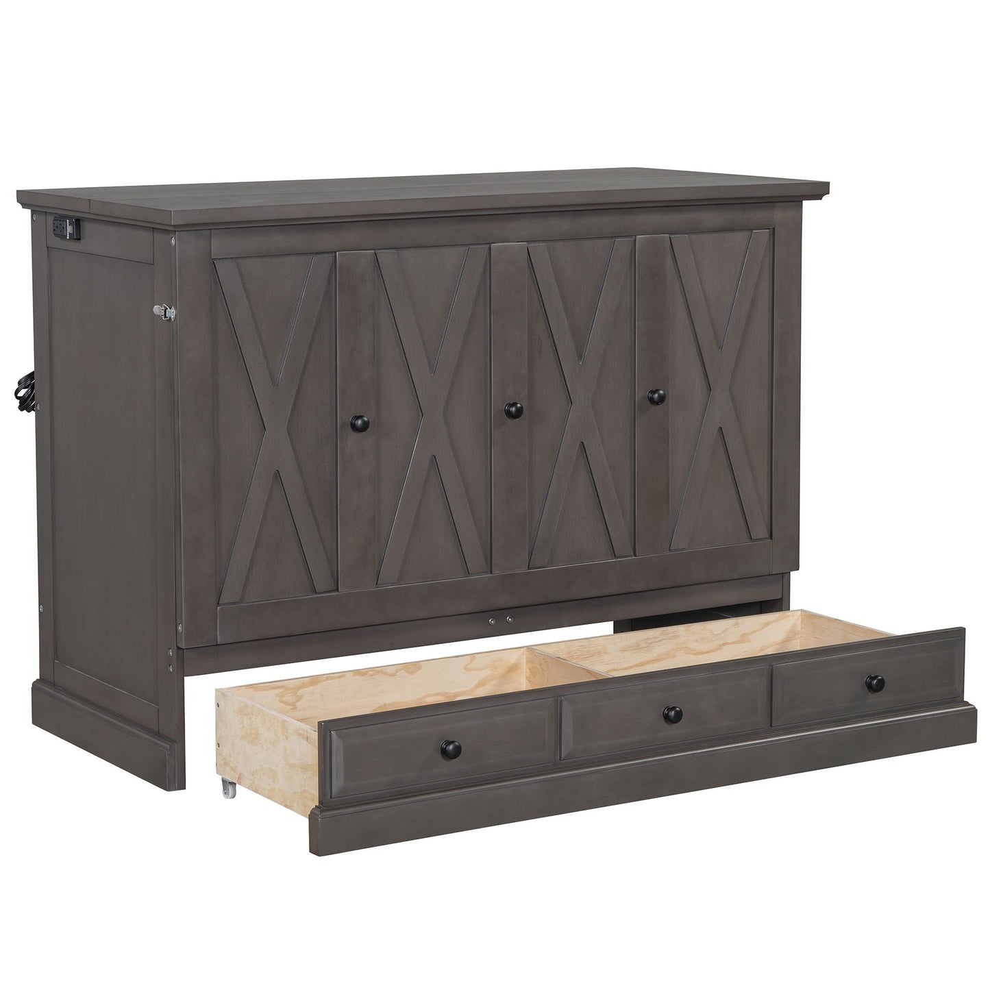 Solid Pine Murphy Cabinet Bed with Charging Station & Storage Drawer