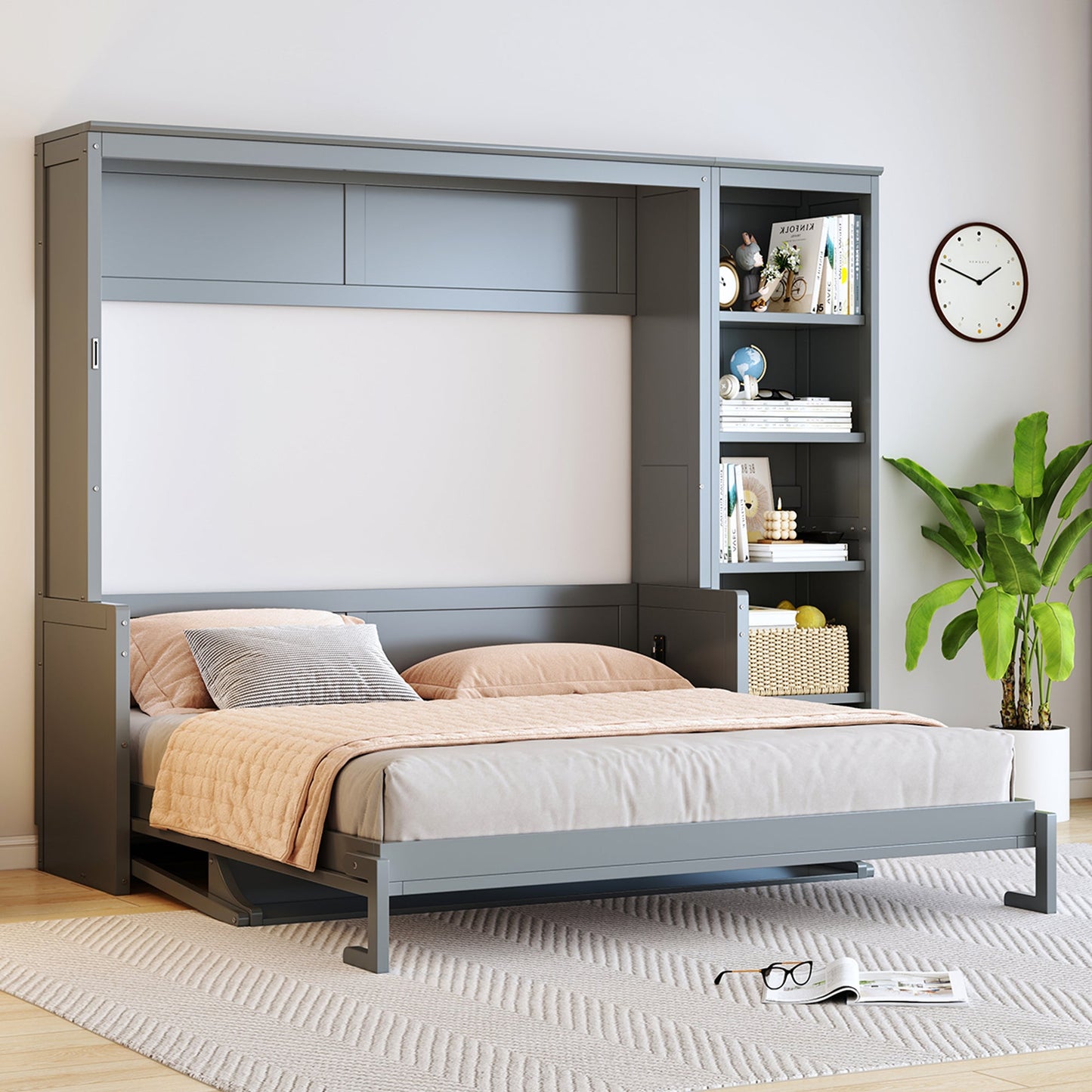 Queen Murphy Bed with Desk & Bookshelf - Gray or White