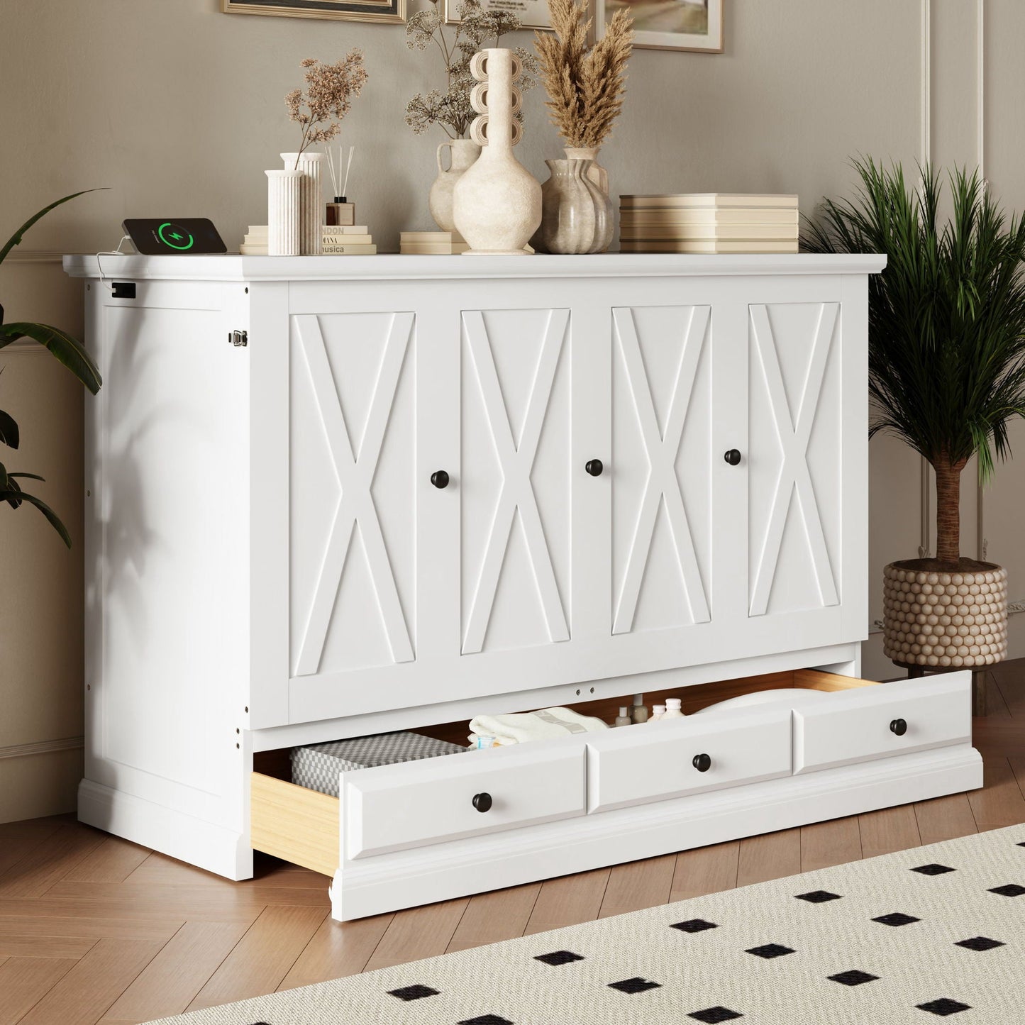 Solid Pine Murphy Cabinet Bed with Charging Station & Storage Drawer
