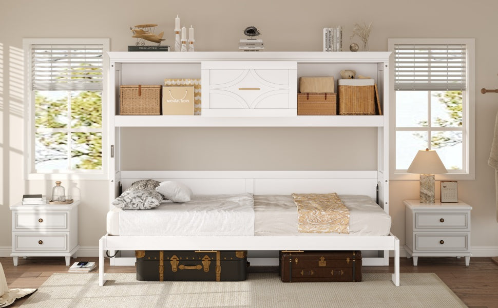 Twin Murphy Bed with Charging Station & Drawer - White