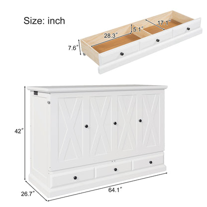 Solid Pine Murphy Cabinet Bed with Charging Station & Storage Drawer