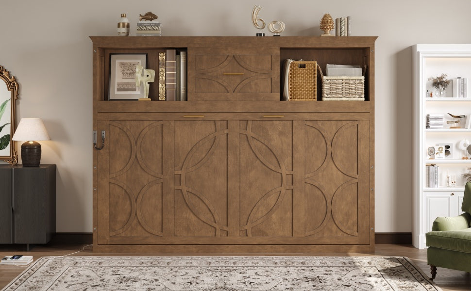 Twin Murphy Bed with Charging Station & Drawer - Natural Wood