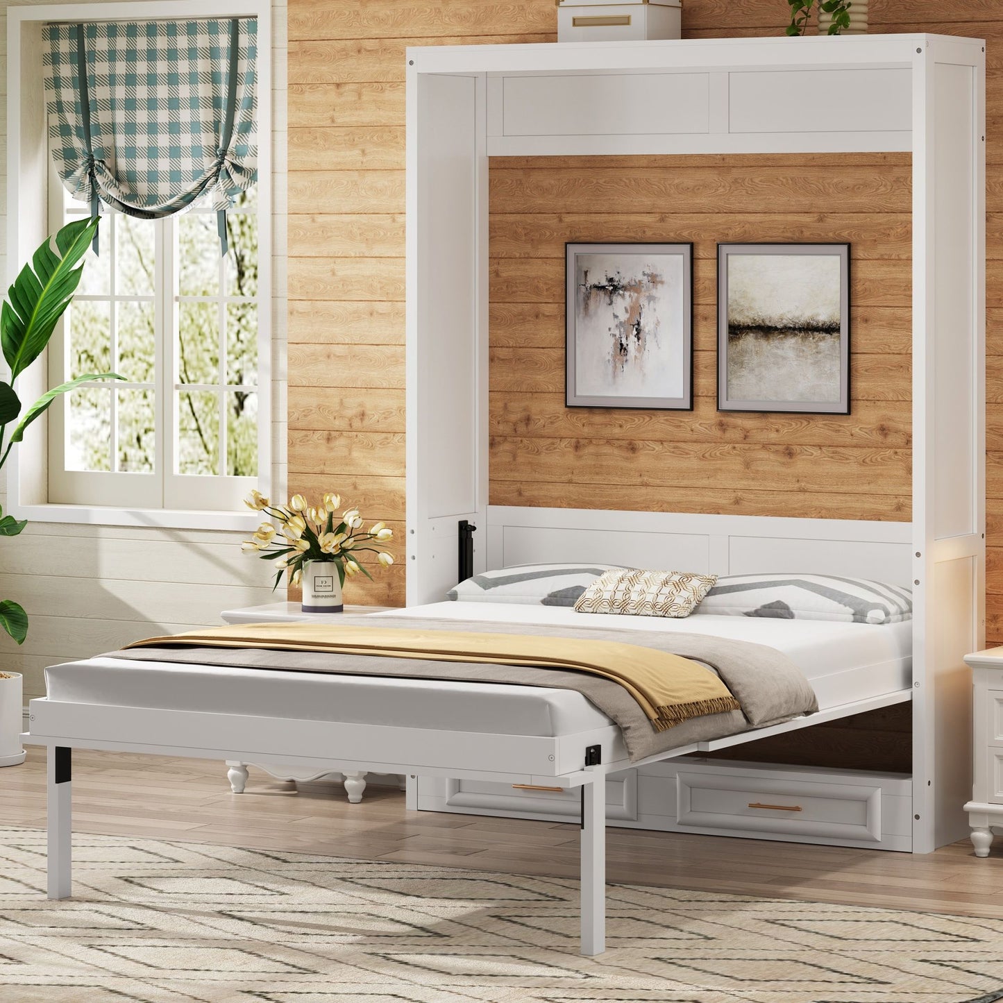 Full Murphy Bed with 2 Drawers - Beige