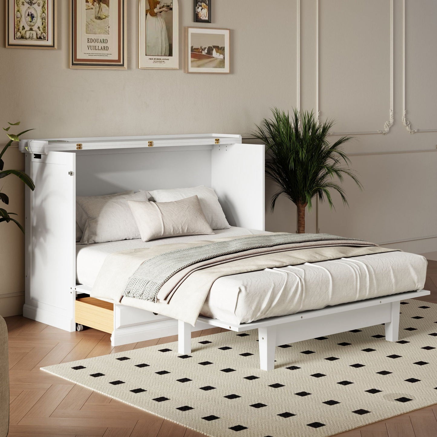 Solid Pine Murphy Cabinet Bed with Charging Station & Storage Drawer