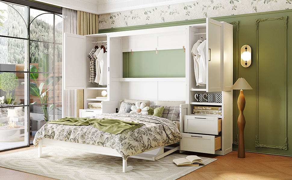 Queen Murphy Wall Bed with Closet, Drawers & Shelves - White