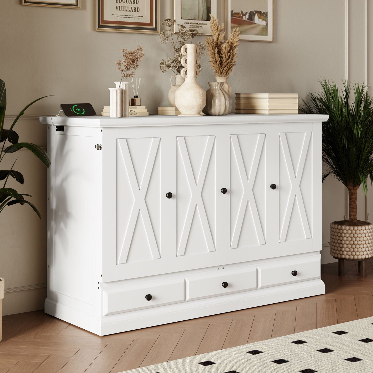 Solid Pine Murphy Cabinet Bed with Charging Station & Storage Drawer