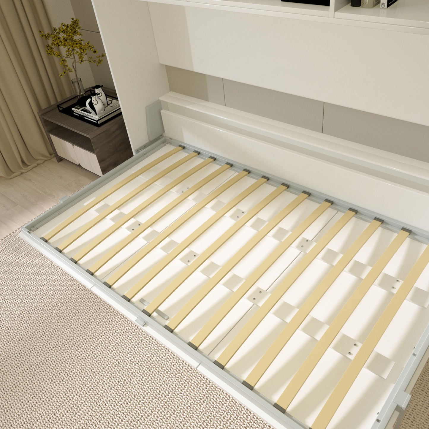 Twin Horizontal Murphy Bed with Shelf Storage - White