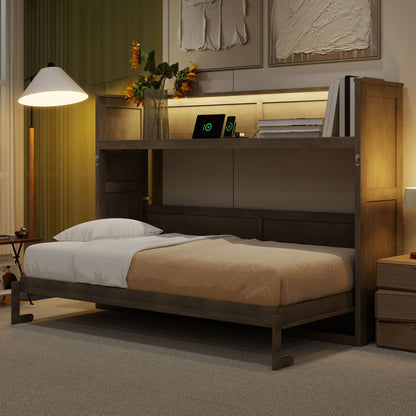 Murphy Bed with Desk, LED Light & USB Charging Station