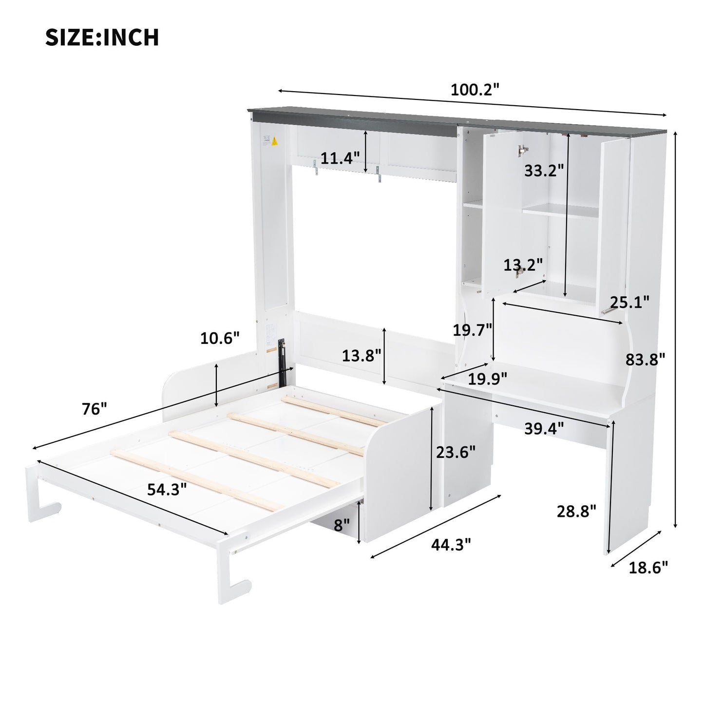 Full Murphy Bed with Sofa, Desk & Storage Cabinet - White