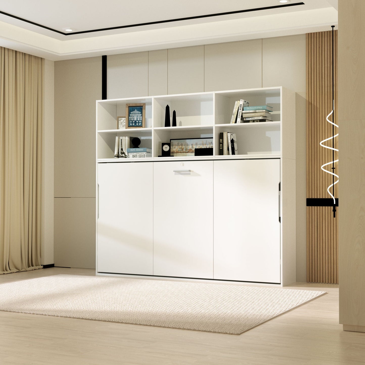 Twin Horizontal Murphy Bed with Shelf Storage - White
