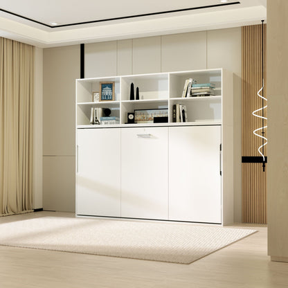 Twin Horizontal Murphy Bed with Shelf Storage - White