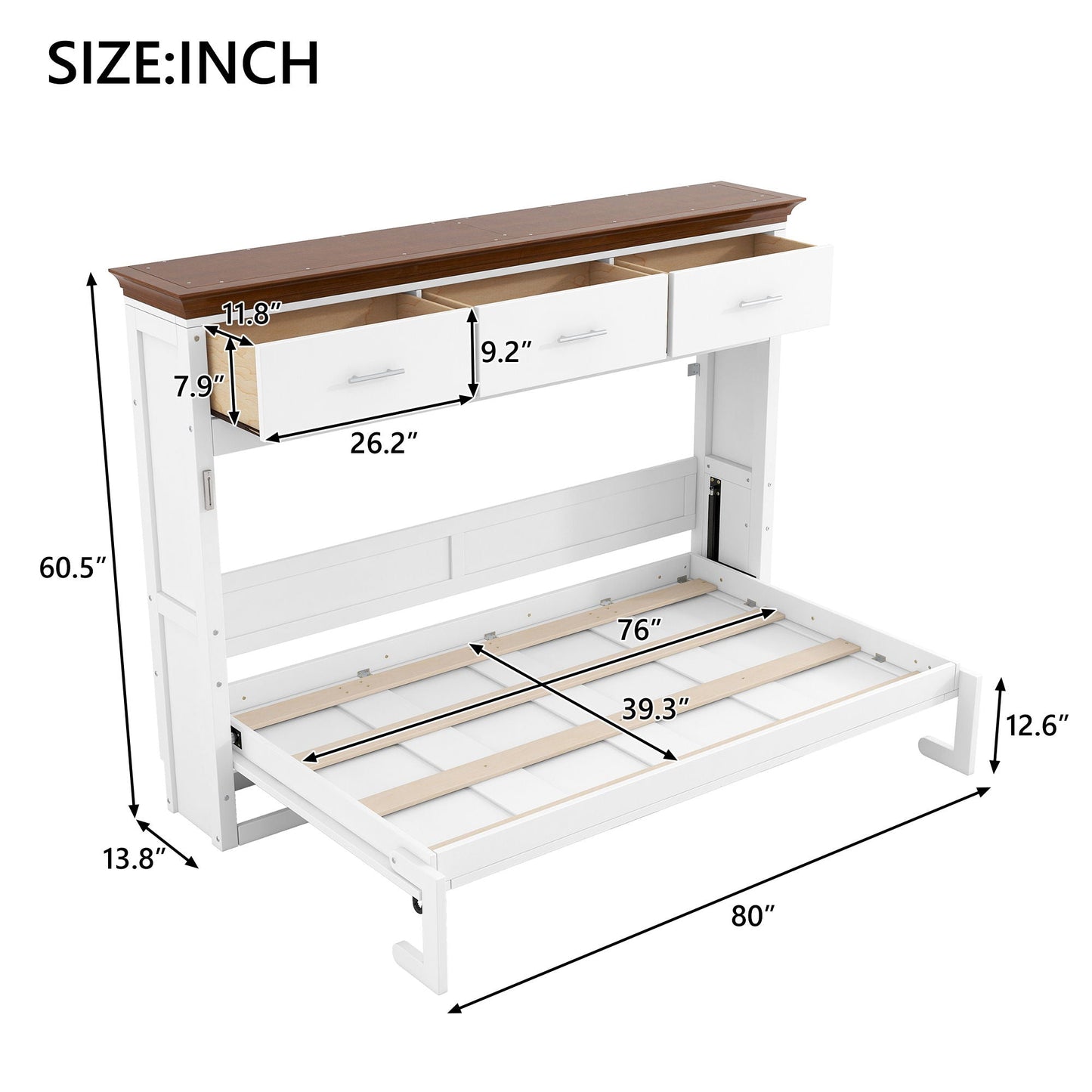Twin Murphy Bed with 3 Drawers - White