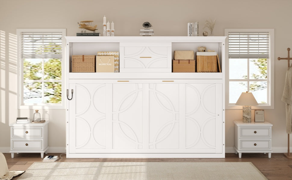Twin Murphy Bed with Charging Station & Drawer - White