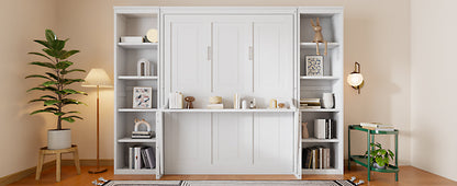 Queen Murphy Bed with Desk & Wide Bookshelf - White