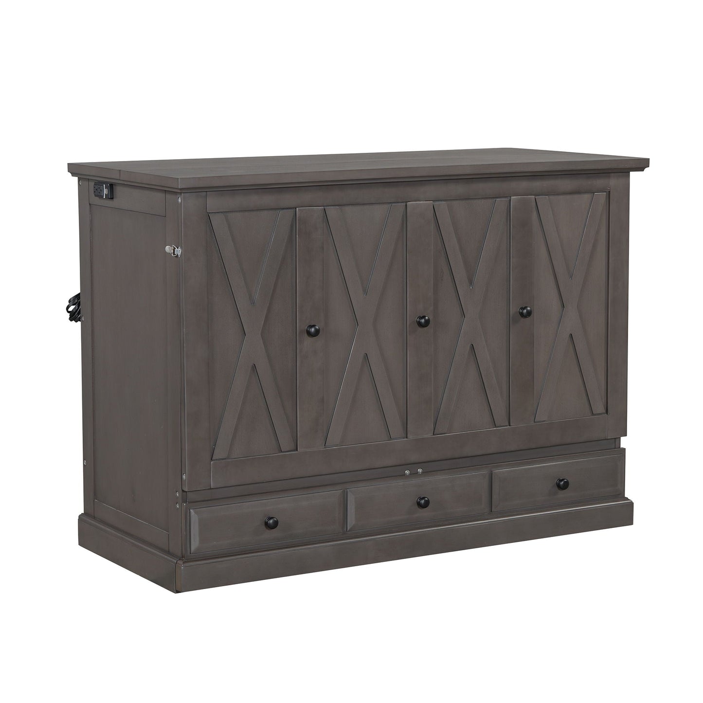 Solid Pine Murphy Cabinet Bed with Charging Station & Storage Drawer
