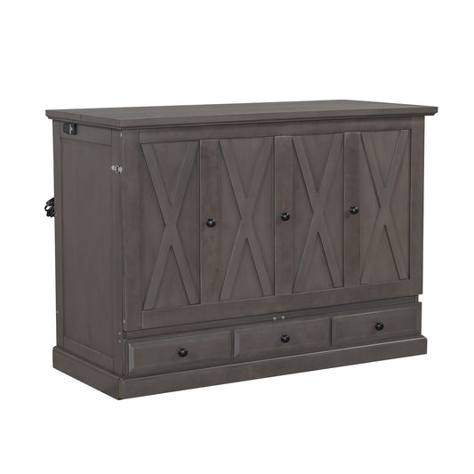 Solid Pine Murphy Cabinet Bed with Charging Station & Storage Drawer